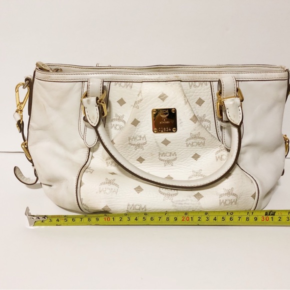 Authentic MCM Beige/White Leather Handbag Shoulder Bag With Adjustable Strap - Picture 12 of 16